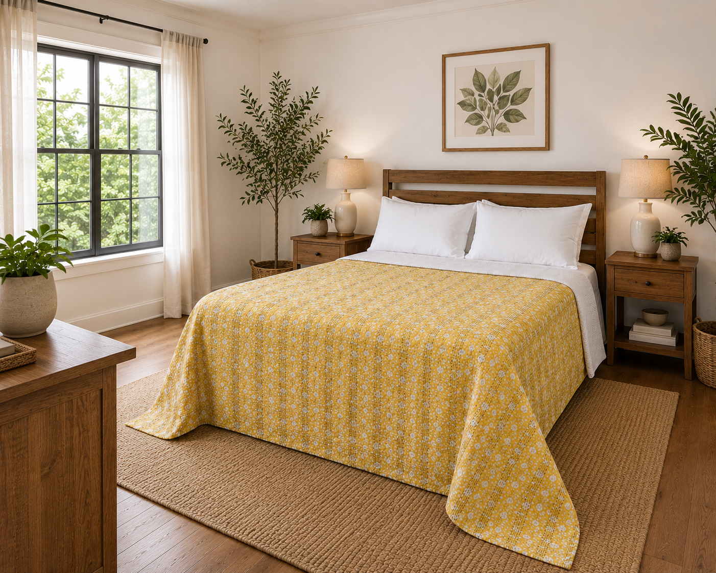 Mustard Yellow Floral Cotton Bedspread | Hand Block Printed Bedding
