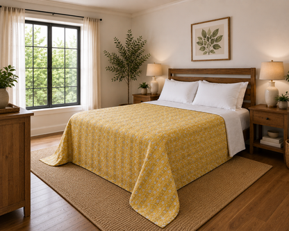 Mustard Yellow Floral Cotton Bedspread | Hand Block Printed Bedding