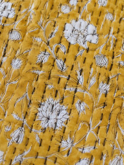 Mustard Yellow Floral Cotton Bedspread | Hand Block Printed Bedding
