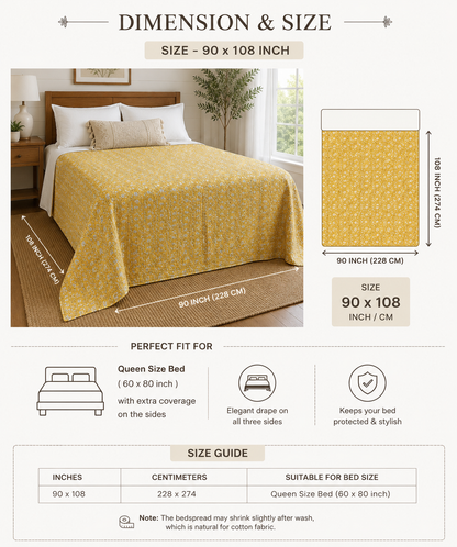 Mustard Yellow Floral Cotton Bedspread | Hand Block Printed Bedding