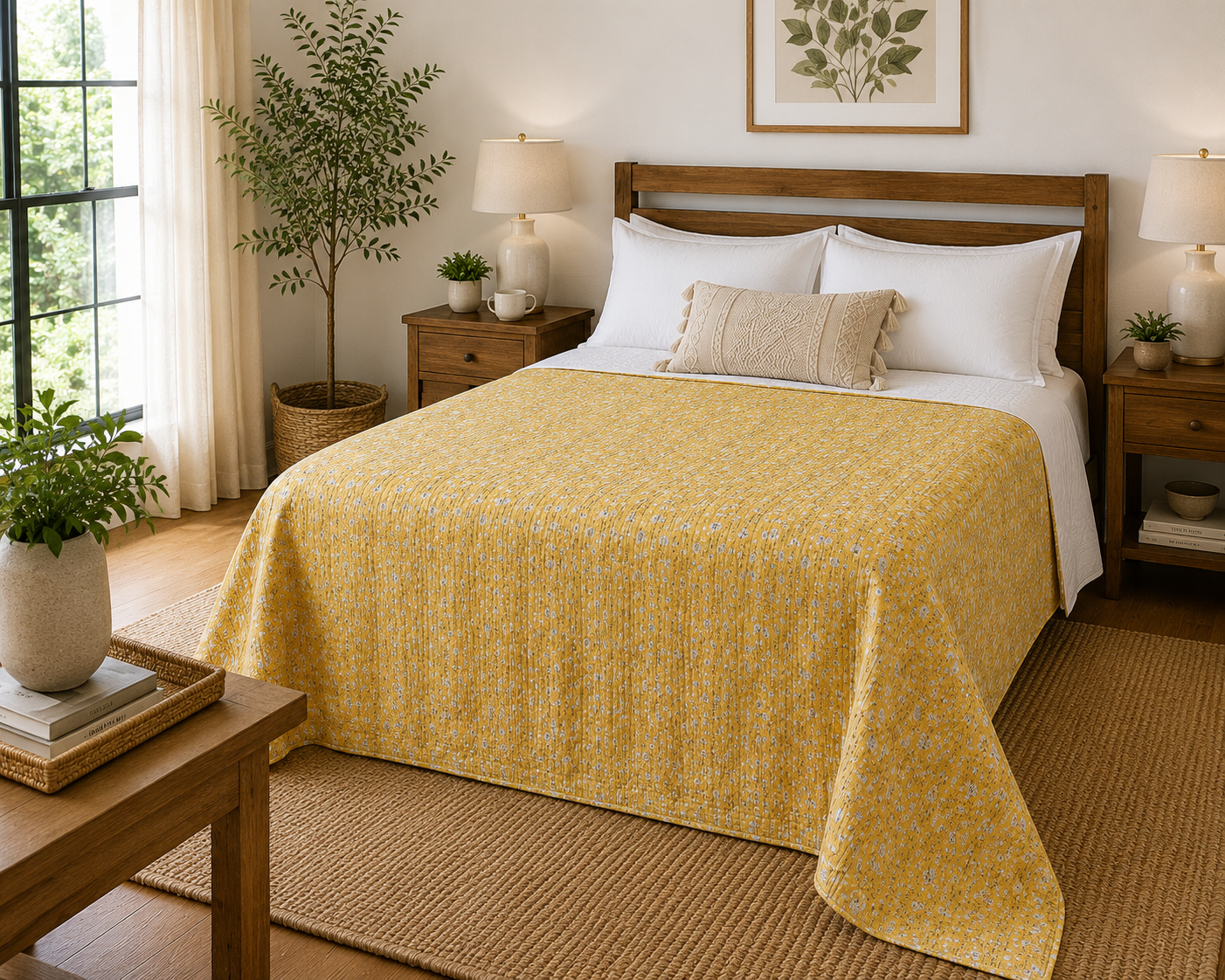 Mustard Yellow Floral Cotton Bedspread | Hand Block Printed Bedding