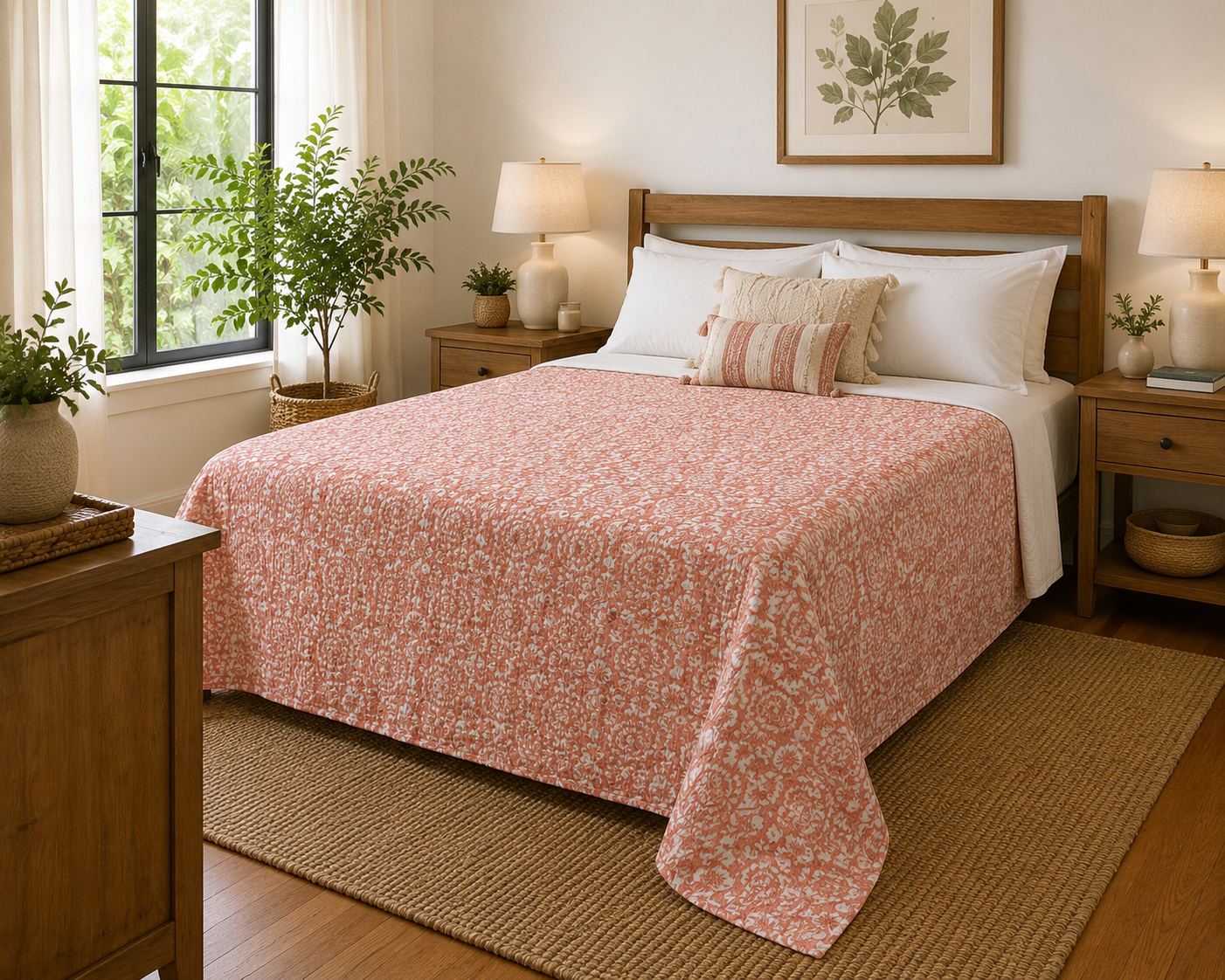 Blush Pink Floral Cotton Bedspread | Hand Block Printed Bedding