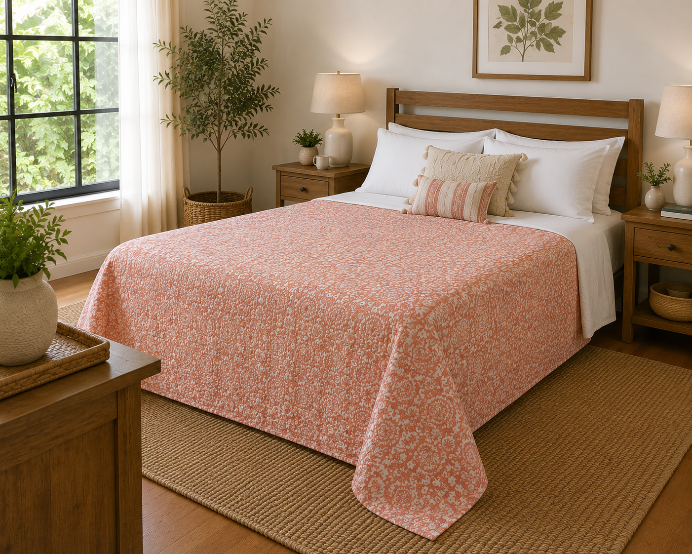 Blush Pink Floral Cotton Bedspread | Hand Block Printed Bedding