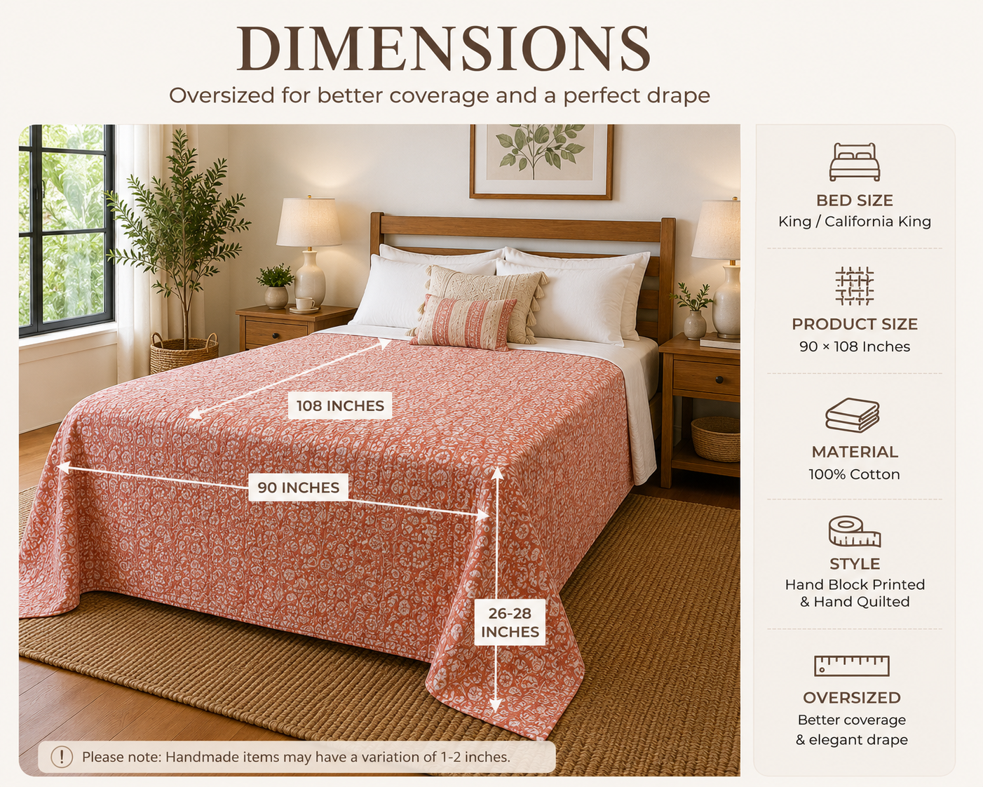 Blush Pink Floral Cotton Bedspread | Hand Block Printed Bedding