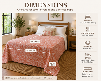 Blush Pink Floral Cotton Bedspread | Hand Block Printed Bedding