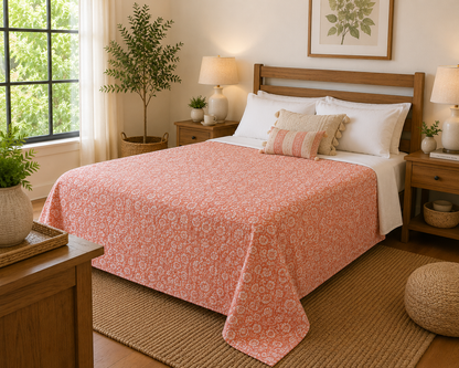 Blush Pink Floral Cotton Bedspread | Hand Block Printed Bedding
