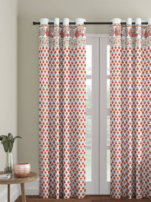 Rajsthan Décor Screen Print Cotton White and Orange Floral Long Door Curtain Single Pc (54x110 inch)