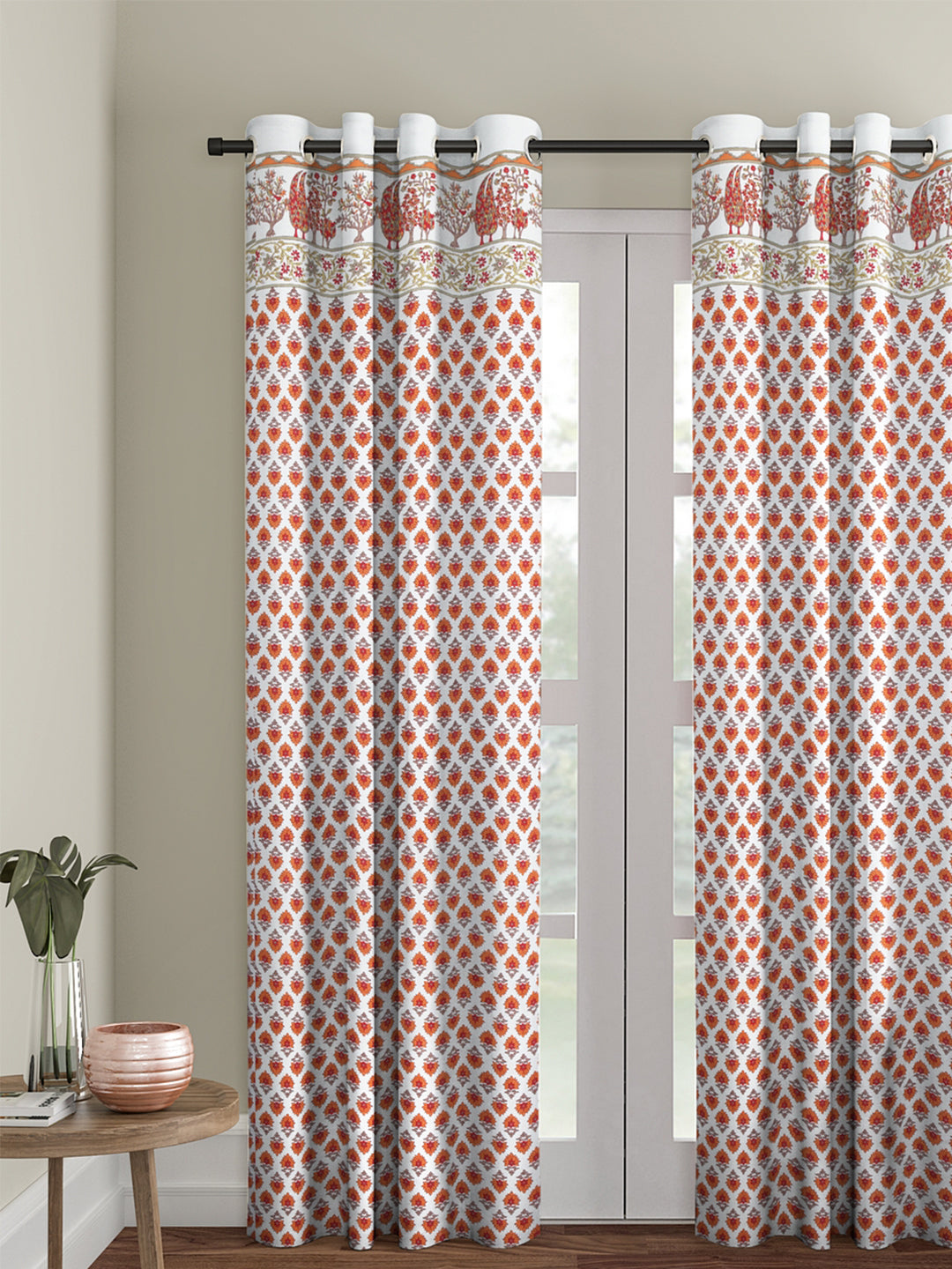 Rajsthan Décor Screen Print Cotton White and Orange Floral Long Door Curtain Single Pc (54x110 inch)