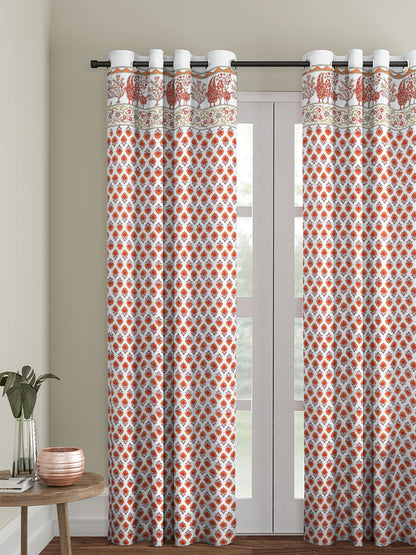 Rajsthan Décor Screen Print Cotton White and Orange Floral Long Door Curtain Single Pc (54x110 inch)