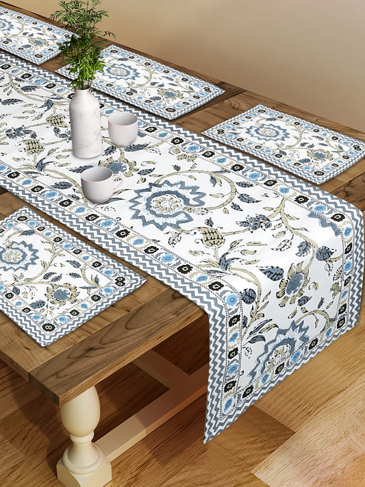 White and Green Set of 7 Cotton Printed Table Mat and Runner