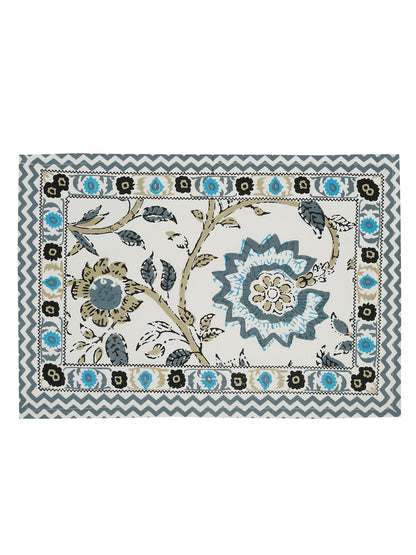 White and Green Set of 7 Cotton Printed Table Mat and Runner