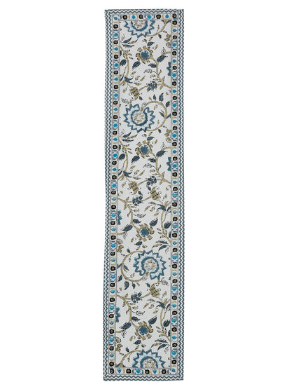 White and Green Set of 7 Cotton Printed Table Mat and Runner