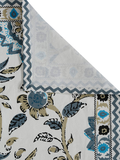 White and Green Set of 7 Cotton Printed Table Mat and Runner