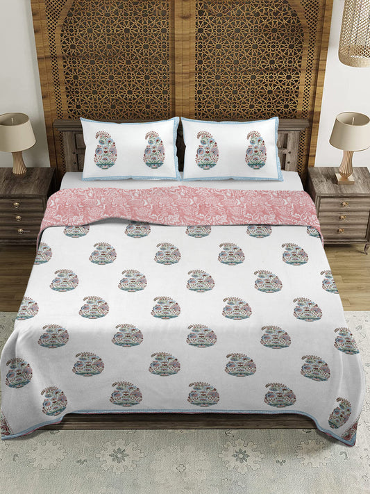 Rajasthan Decor White and Peach Cotton Double Bed Quilted Bed Spread with 2 Pillow Covers