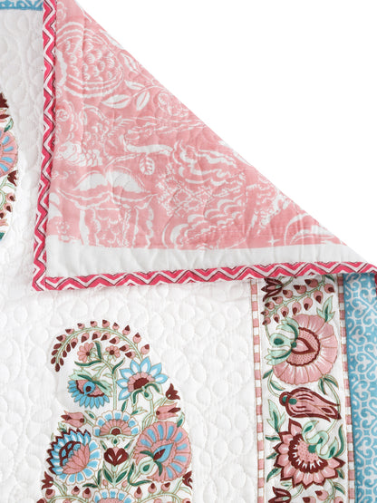 Rajasthan Decor White and Peach Cotton Double Bed Quilted Bed Spread with 2 Pillow Covers
