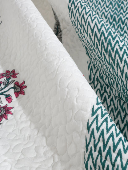 Rajasthan Decor White and Aqua Cotton Double Bed Quilted Bed Spread with 2 Pillow Covers