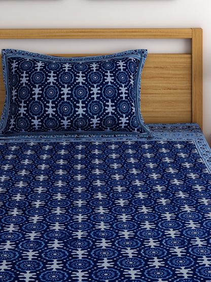 Rajasthan Decor Block Print Blue Color Cotton Single Bedsheet with 1 Pillow Cover