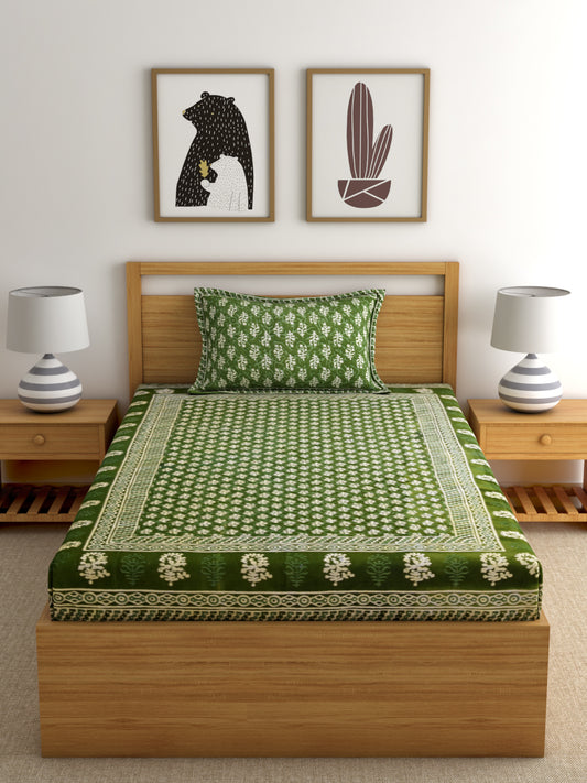 Screen Print Green Color Cotton Single Bed Sheet with 1 Pillow Cover