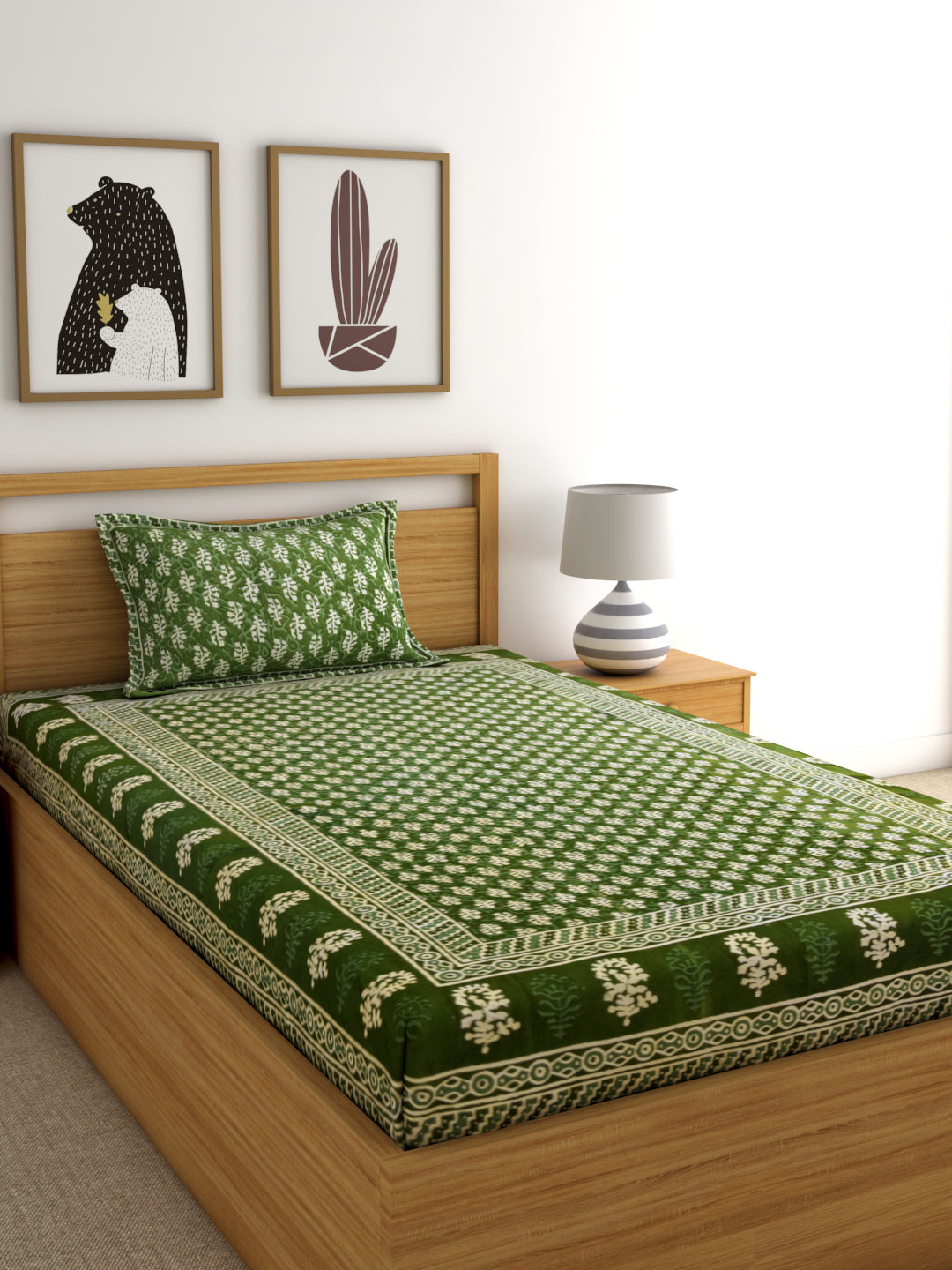 Screen Print Green Color Cotton Single Bed Sheet with 1 Pillow Cover
