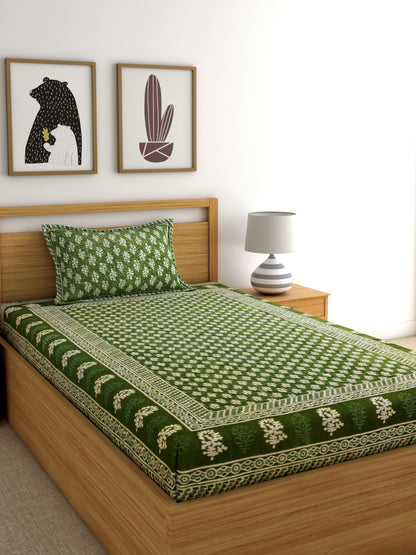 Screen Print Green Color Cotton Single Bed Sheet with 1 Pillow Cover