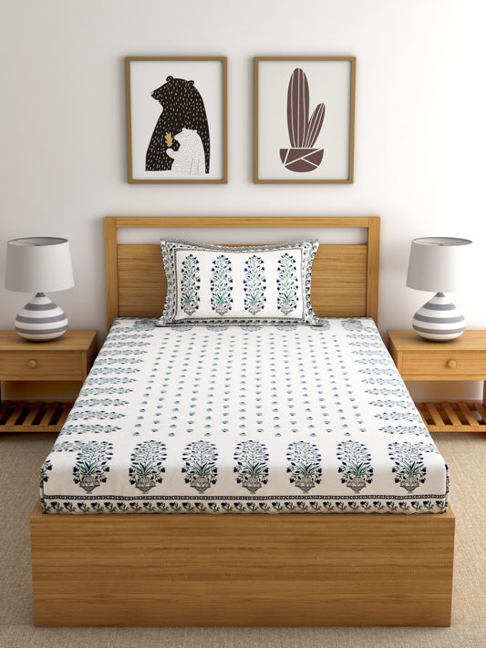 Screen Print Floral White Color Cotton Single Bedsheet with 1 Pillow Cover