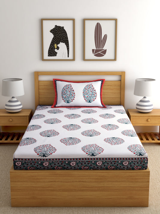 Screen Print Floral White Color Cotton Single Bedsheet with 1 Pillow Cover