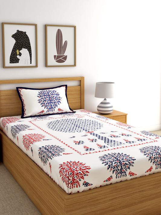 Screen Print Floral White Color Cotton Single Bed Sheet with 1 Pillow Cover