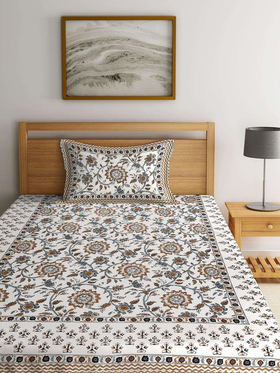 Rajasthan Decor Screen Print Jaiuri Cotton Floral Pattern Single Bedsheet with 1 Pillow Cover