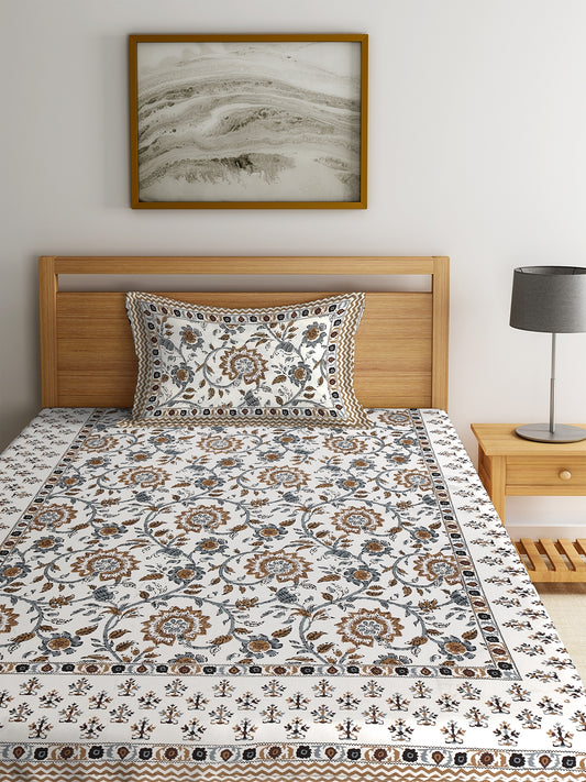 Rajasthan Decor Screen Print Jaiuri Cotton Floral Pattern Single Bedsheet with 1 Pillow Cover