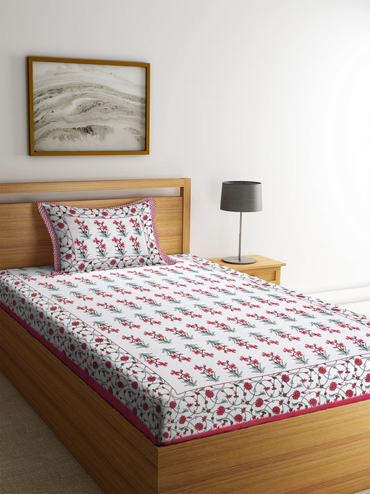 Rajasthan Decor Screen Print Jaiuri Cotton Floral Pattern Single Bedsheet with 1 Pillow Cover