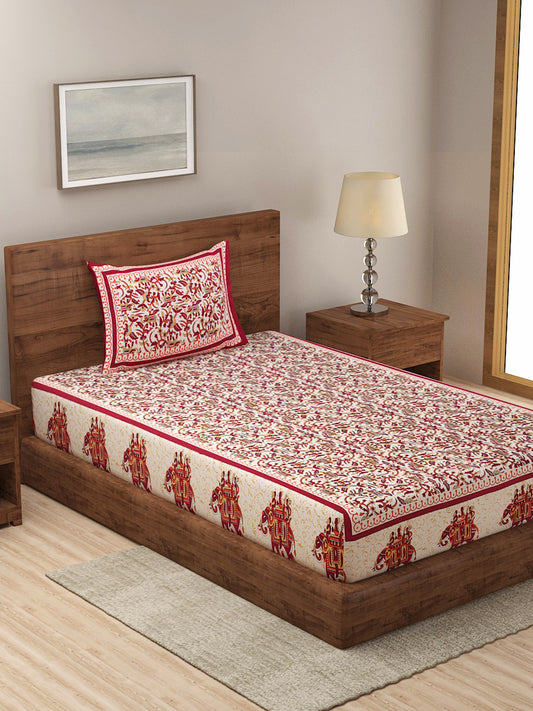 Animal Print Beige Color Cotton Single Bed Sheet with 1 Pillow Cover