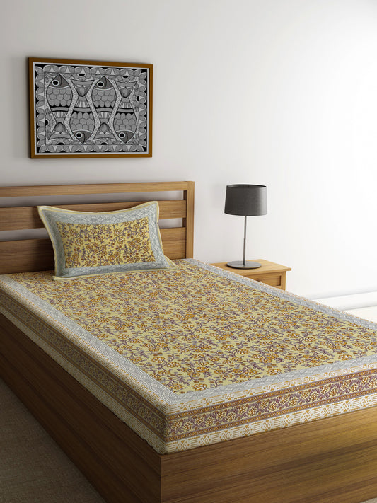 Light Yellow Cotton Jaipuri Floral Single Bed sheet with 1 Pillow Cover