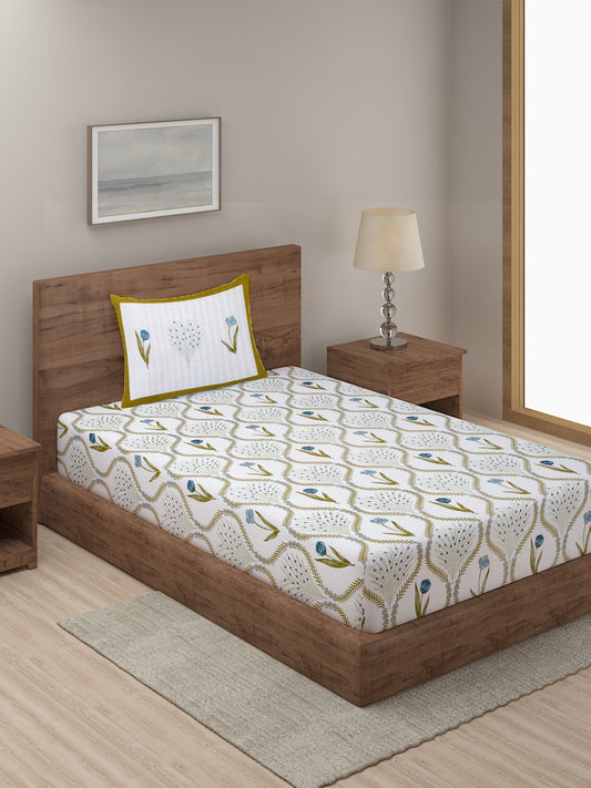 White and Green Floral Cotton Single Bed sheet with 1 Pillow Cover