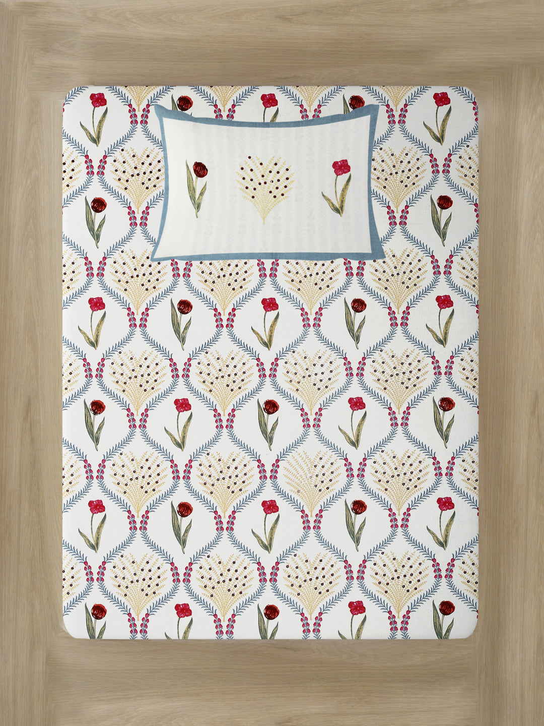 White and Red Floral Cotton Single Bed sheet with 1 Pillow Cover