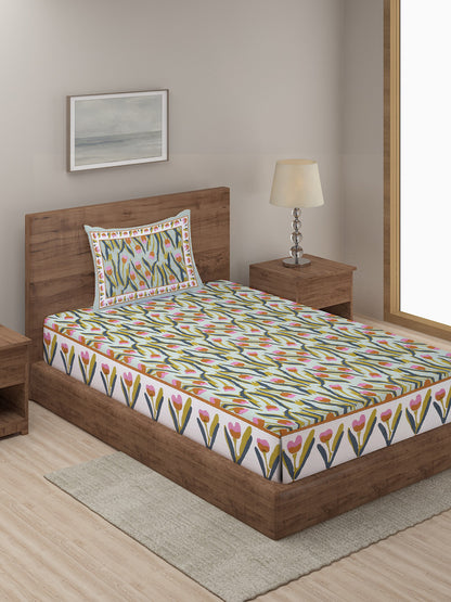 Green Floral Print 144 TC Cotton Single Bed Sheet with 1 Pillow Cover