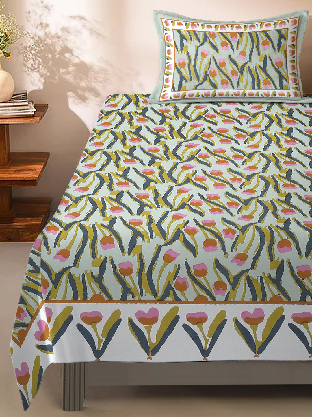 Green Floral Print 144 TC Cotton Single Bed Sheet with 1 Pillow Cover