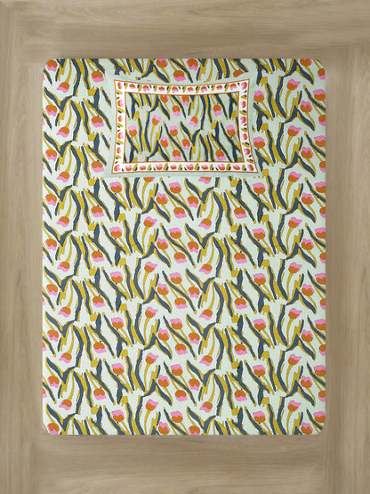 Green Floral Print 144 TC Cotton Single Bed Sheet with 1 Pillow Cover