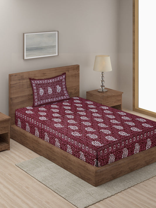 Maroon Floral Print 144 TC Cotton Single Bed Sheet with 1 Pillow Cover