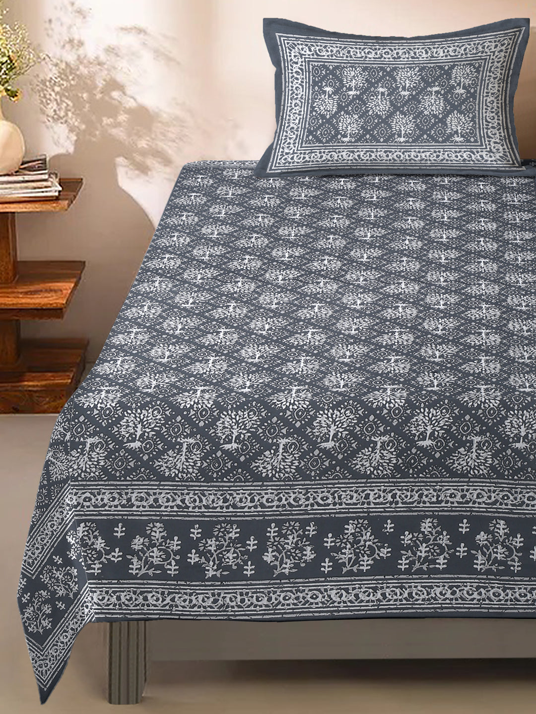 Grey Floral Print 144 TC Cotton Single Bed Sheet with 1 Pillow Cover