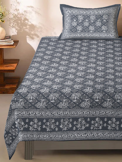 Grey Floral Print 144 TC Cotton Single Bed Sheet with 1 Pillow Cover