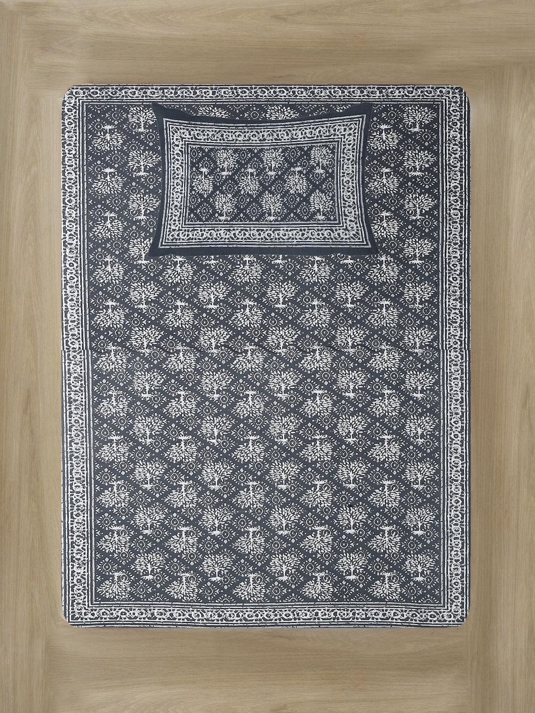 Grey Floral Print 144 TC Cotton Single Bed Sheet with 1 Pillow Cover