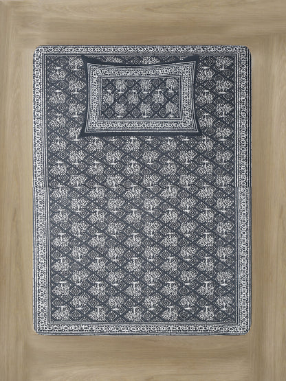 Grey Floral Print 144 TC Cotton Single Bed Sheet with 1 Pillow Cover