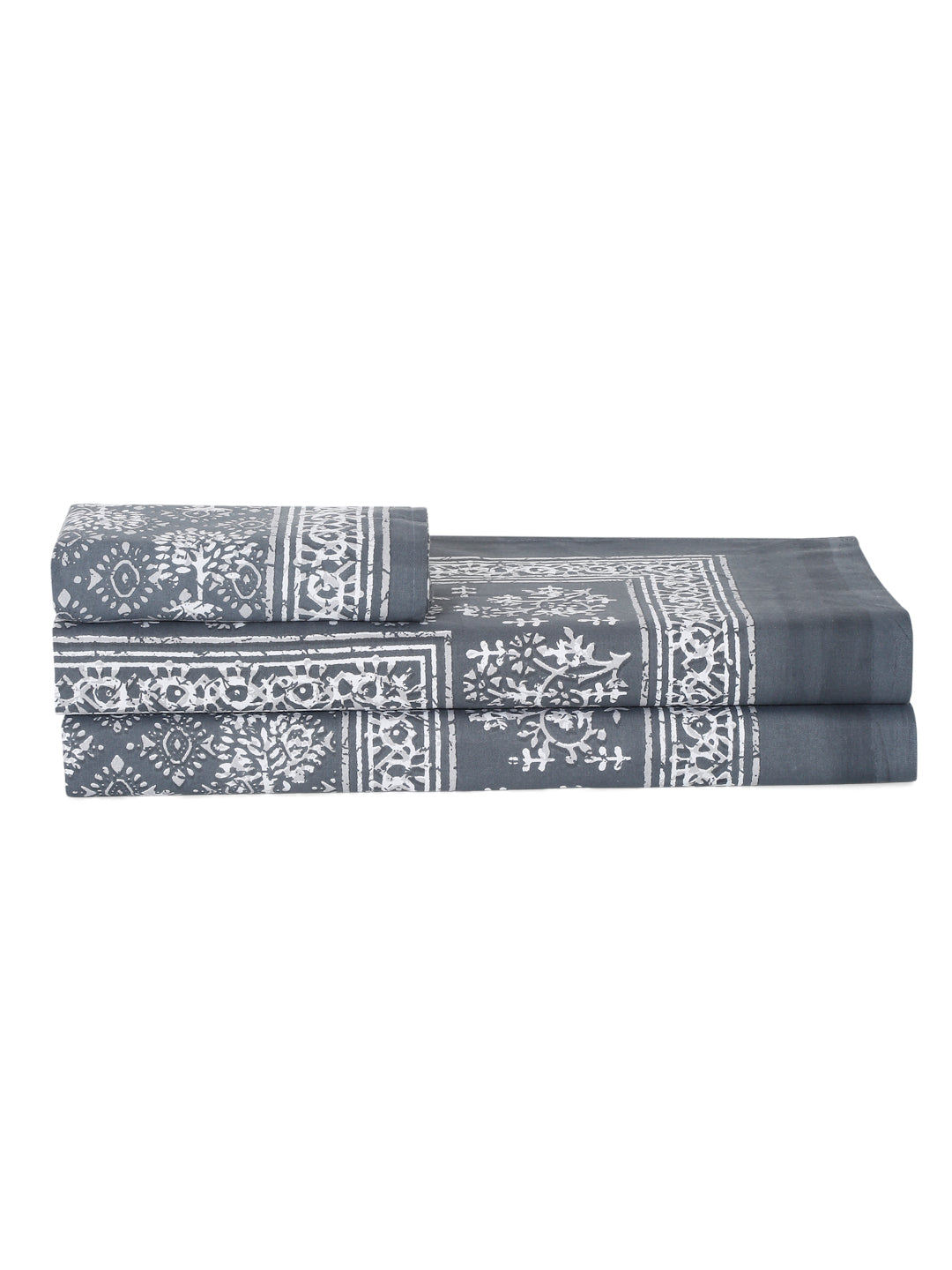 Grey Floral Print 144 TC Cotton Single Bed Sheet with 1 Pillow Cover