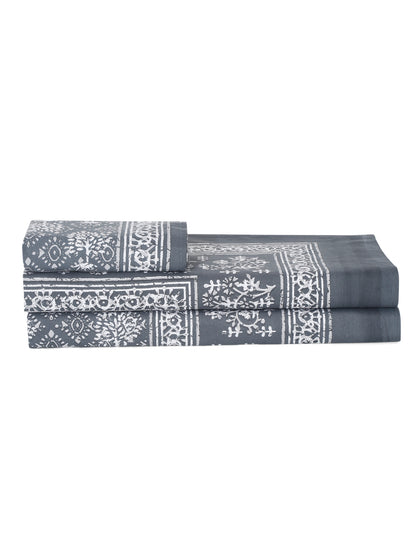 Grey Floral Print 144 TC Cotton Single Bed Sheet with 1 Pillow Cover