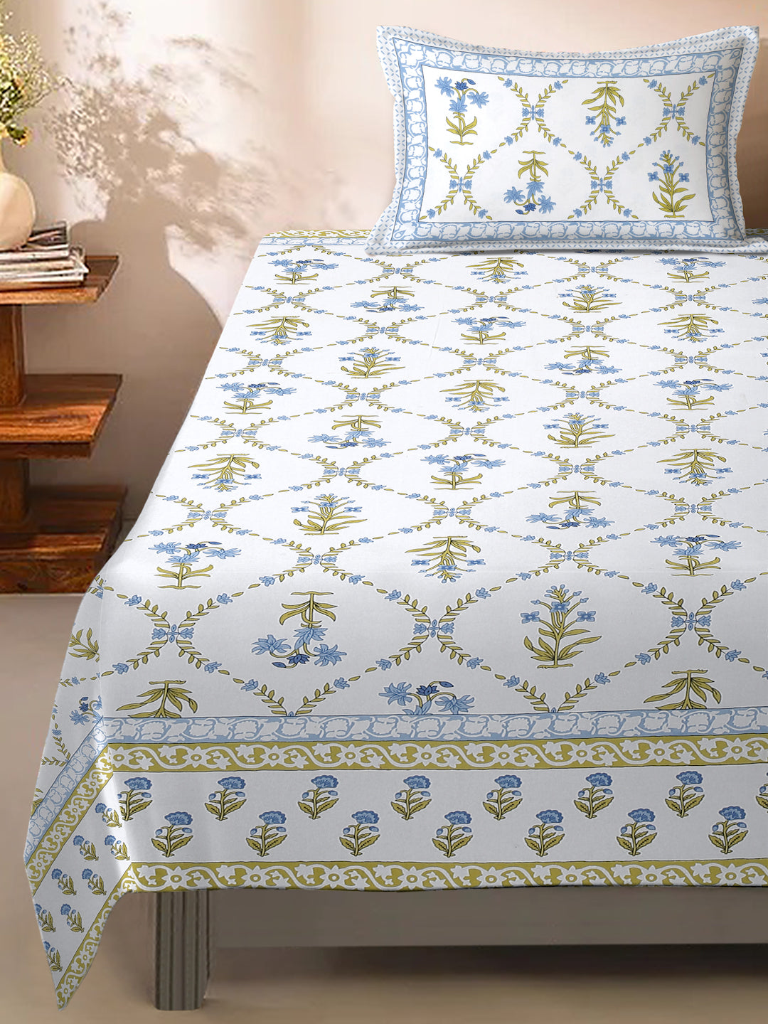 White Floral Print 144 TC Cotton Single Bed Sheet with 1 Pillow Cover