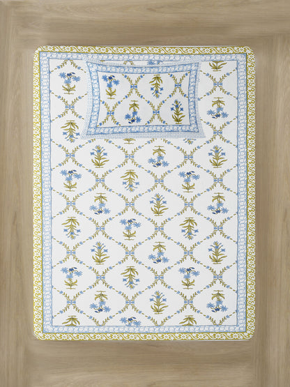 White Floral Print 144 TC Cotton Single Bed Sheet with 1 Pillow Cover