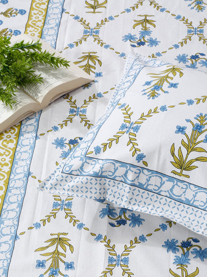 White Floral Print 144 TC Cotton Single Bed Sheet with 1 Pillow Cover