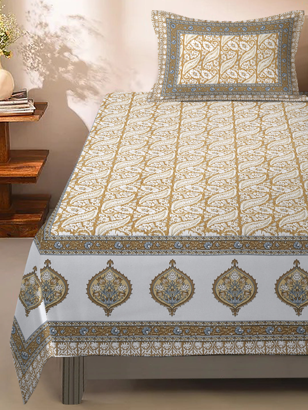 White and Mustard Floral Print 144 TC Cotton Single Bed Sheet with 1 Pillow Cover