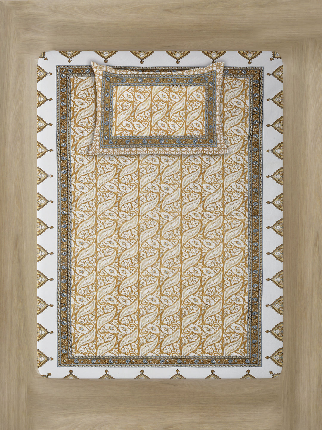White and Mustard Floral Print 144 TC Cotton Single Bed Sheet with 1 Pillow Cover