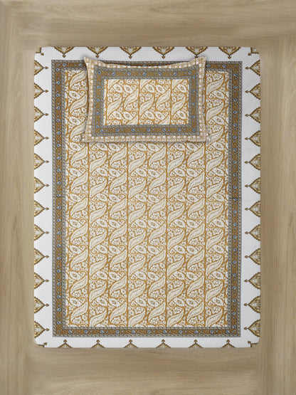 White and Mustard Floral Print 144 TC Cotton Single Bed Sheet with 1 Pillow Cover